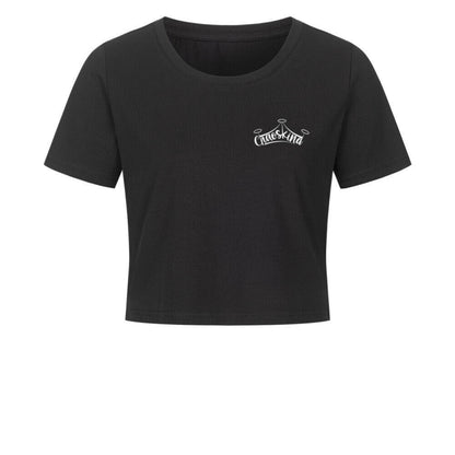 Vorderansicht schwarzes Crop Shirt mit Chaoskind Logo